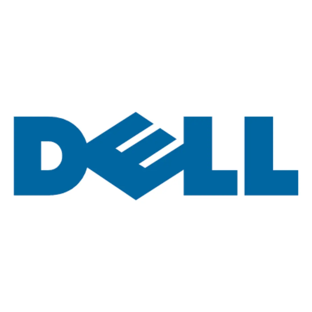 Dell logo in blue font with a slanted "E" on a white background.