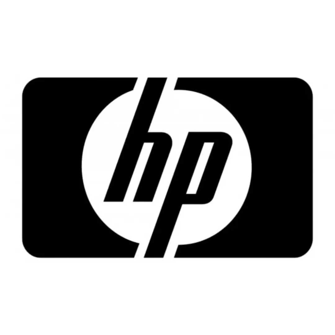 Logo of HP in black and white with a circular design.